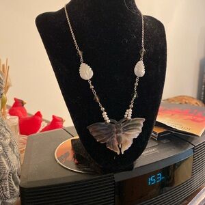 Delicate Mother of Pearl butterfly necklace with smoky quartz & pearls  925 SS